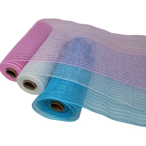 Gender Reveal 10" Wide Poly Mesh Ribbon Rolls, 10 Yards (Pink, Blue and White) - Picture 2 of 5